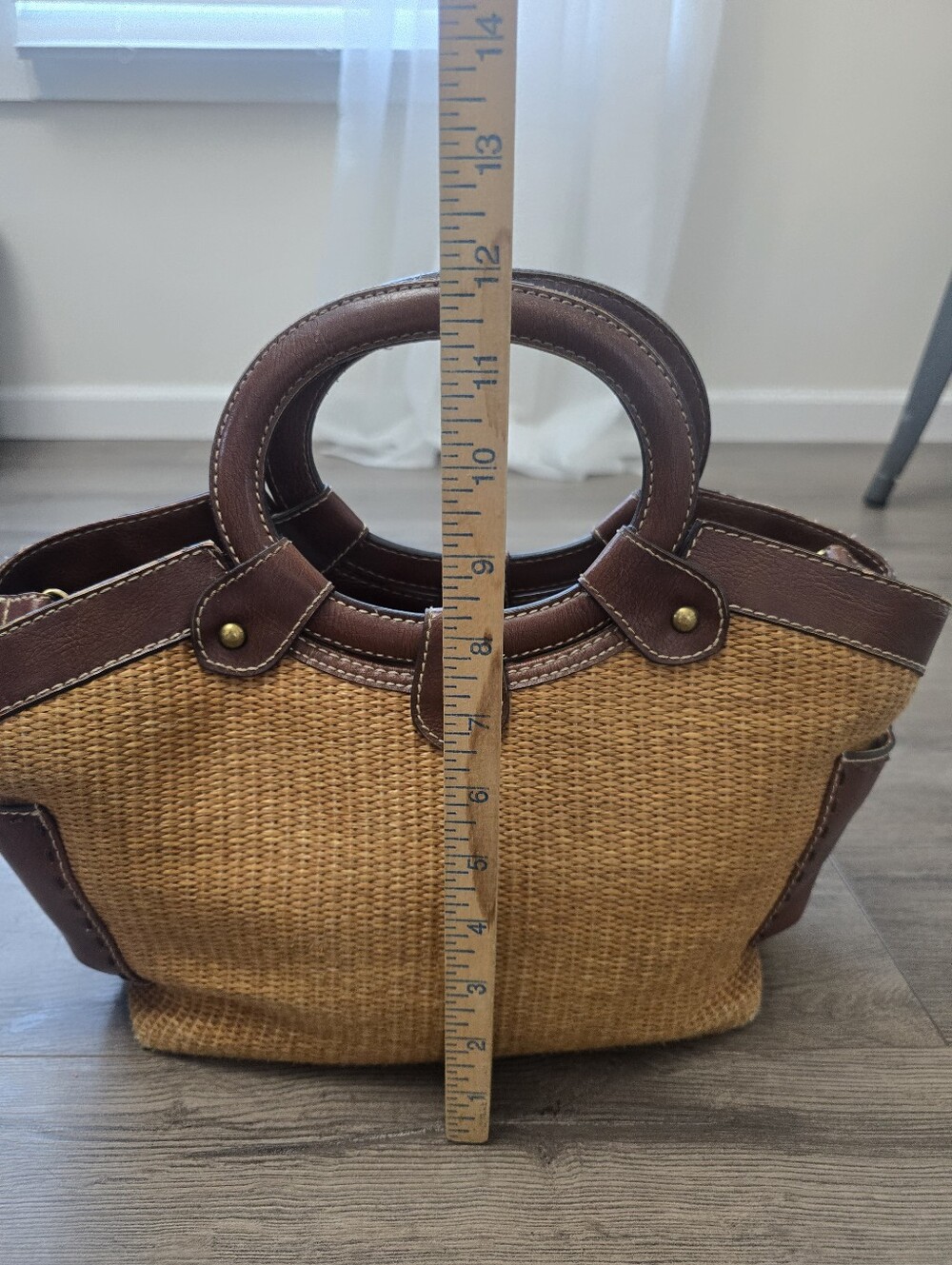 Fossil woven straw and brown leather trim satchel Vintage Cottagecore Fisherman - Picture 3 of 12